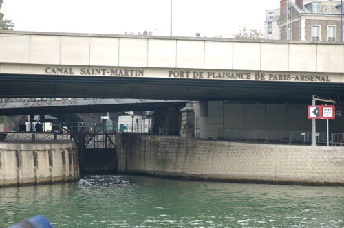 Paris enfin!  Entry to the lock into Paris Arsenal docks.